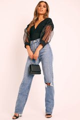 Black Shirred Plunge Crop Top - Reina-Crop Tops