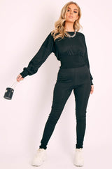 Black Shirred Top and Leggings Loungewear Co-ord - Tynlie-Co-ords