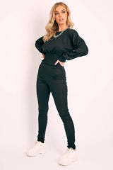 Black Shirred Top and Leggings Loungewear Co-ord - Tynlie-Co-ords
