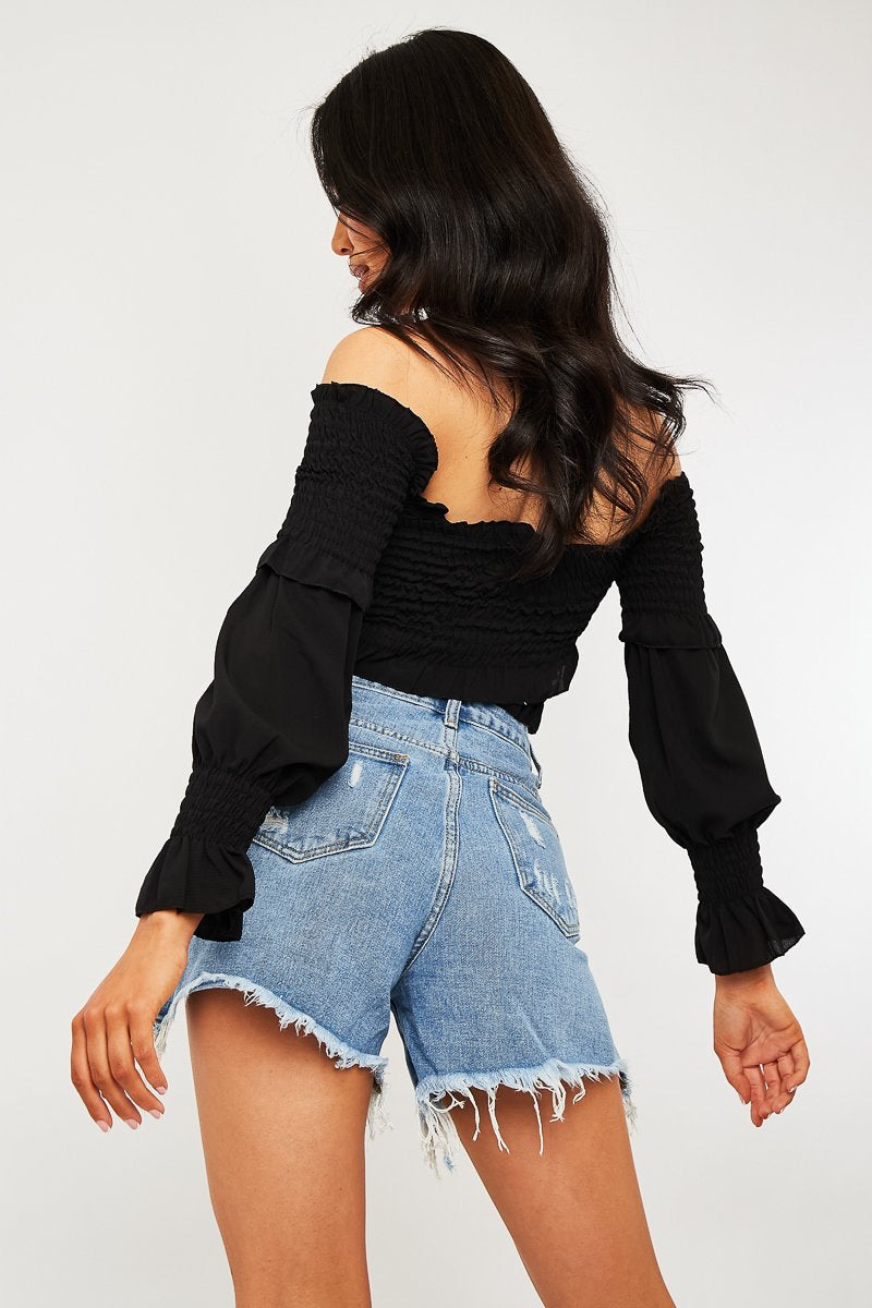 Black Shirred Wrap Over Bardot Crop Top - Zuri-Crop Tops