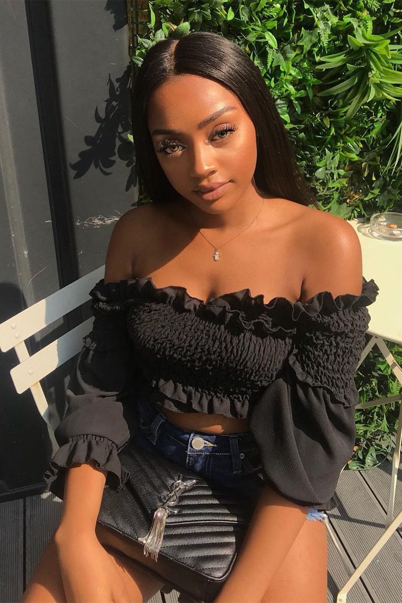 Black Shirred Wrap Over Bardot Crop Top - Zuri-Crop Tops