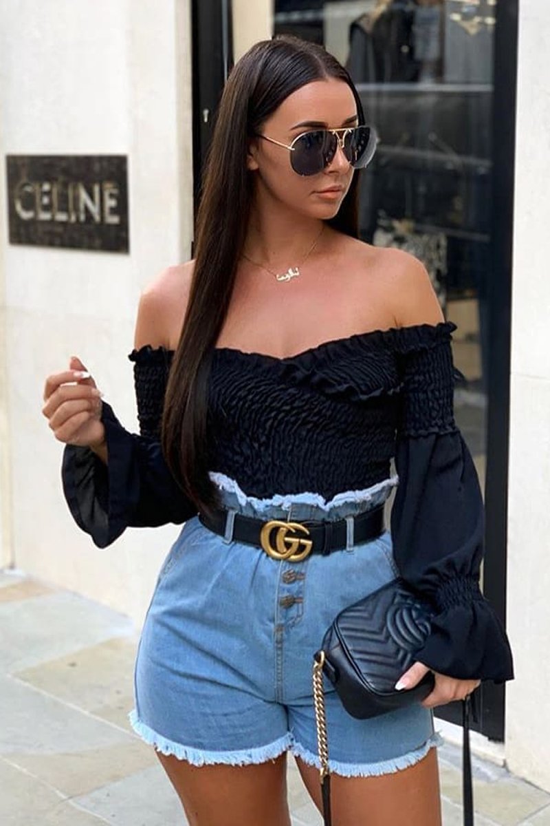 Black Shirred Wrap Over Bardot Crop Top - Zuri-Crop Tops