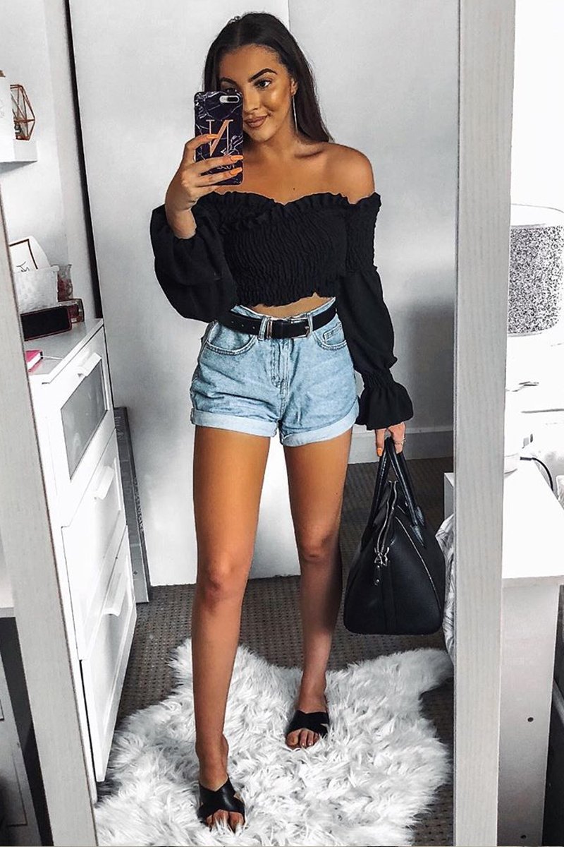Black Shirred Wrap Over Bardot Crop Top - Zuri-Crop Tops