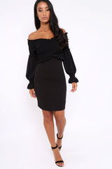 Black Shirred Wrap Over Bardot Mini Dress - Natasha-Dresses