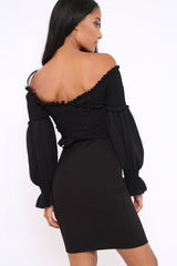 Black Shirred Wrap Over Bardot Mini Dress - Natasha-Dresses