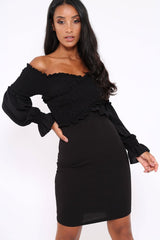 Black Shirred Wrap Over Bardot Mini Dress - Natasha-Dresses