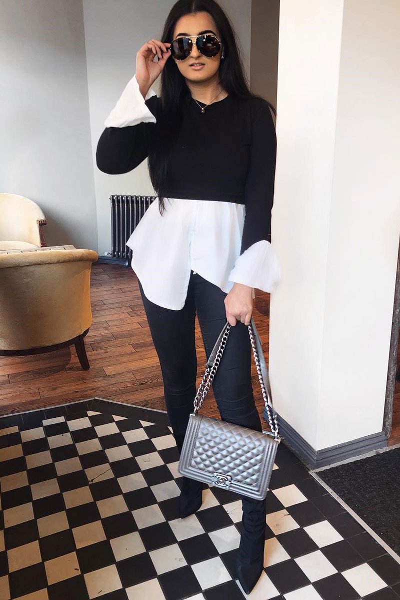 Black Shirt Insert Crew Neck Jumper - Kamilla-Shirts