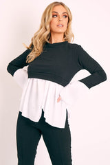 Black Shirt Insert Crew Neck Jumper - Kamilla-Shirts