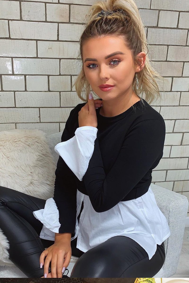 Black Shirt Insert Crew Neck Jumper - Kamilla-Shirts