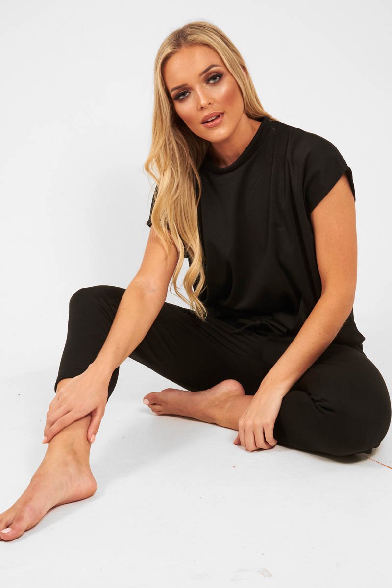Black Short Sleeve Crop Jogger Loungewear Set - Aarian-Co-ords