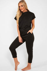 Black Short Sleeve Crop Jogger Loungewear Set - Aarian-Co-ords