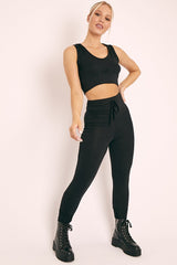 Black Short Sleeve Hooded Crop Top and Leggings Loungewear Co-ord - Betty-Loungewear