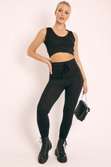 Black Short Sleeve Hooded Crop Top and Leggings Loungewear Co-ord - Betty-Loungewear