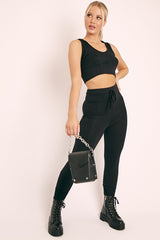 Black Short Sleeve Hooded Crop Top and Leggings Loungewear Co-ord - Betty-Loungewear