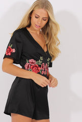 Black Short Sleeved Embroidered Playsuit - Carmen-Playsuits