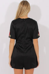 Black Short Sleeved Embroidered Playsuit - Carmen-Playsuits