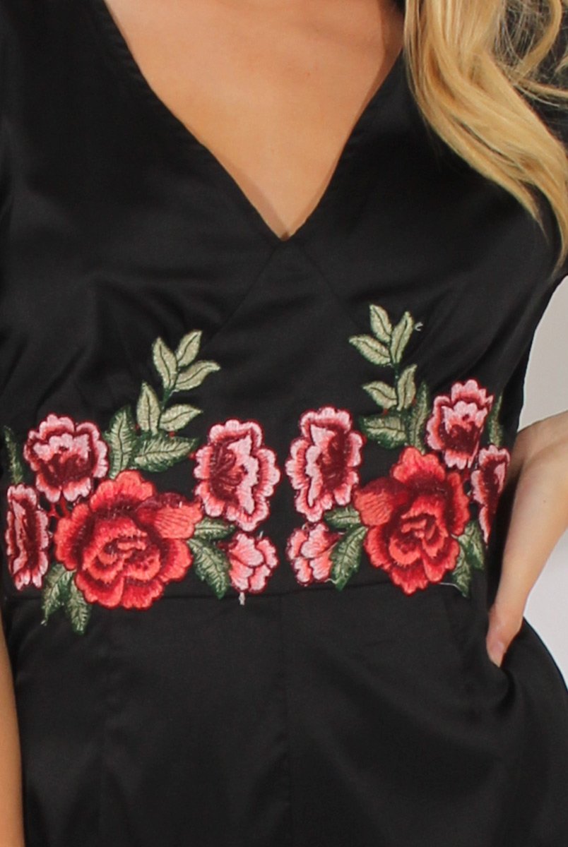 Black Short Sleeved Embroidered Playsuit - Carmen-Playsuits
