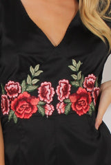 Black Short Sleeved Embroidered Playsuit - Carmen-Playsuits