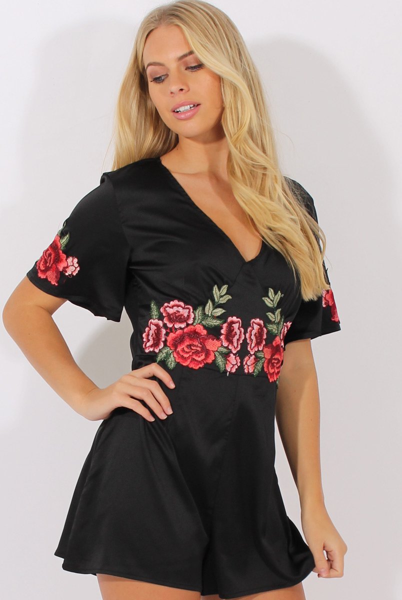 Black Short Sleeved Embroidered Playsuit - Carmen-Playsuits