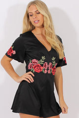Black Short Sleeved Embroidered Playsuit - Carmen-Playsuits