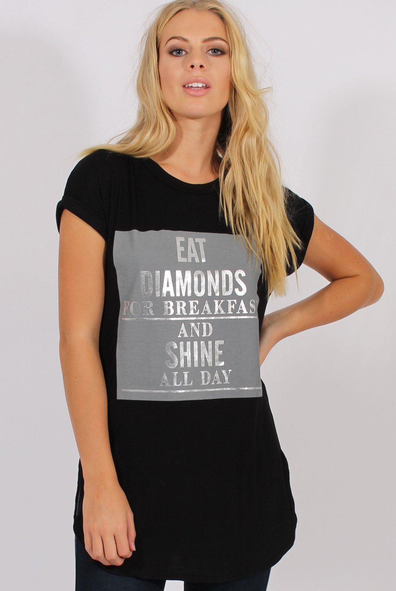 Black Short Sleeved Slogan Top - Gillian-Tops