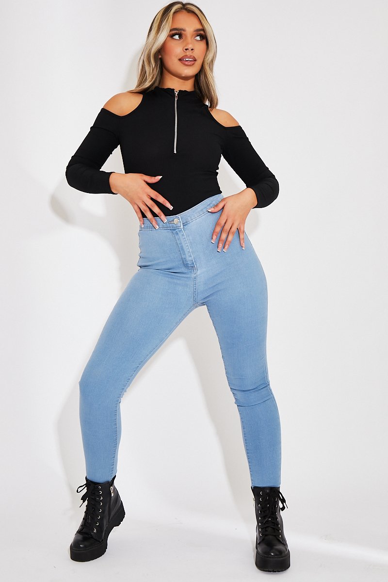 Black Shoulder Cut Out Zip Bodysuit - Celine-Bodysuits