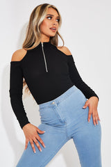 Black Shoulder Cut Out Zip Bodysuit - Celine-Bodysuits
