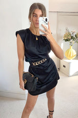 Black Shoulder Pad Detail Satin Mini Dress - Delpha-Dresses