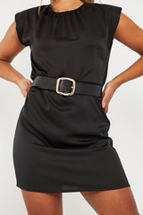 Black Shoulder Pad Detail Satin Mini Dress - Delpha-Dresses