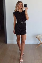 Black Shoulder Pad Detail Satin Mini Dress - Delpha-Dresses