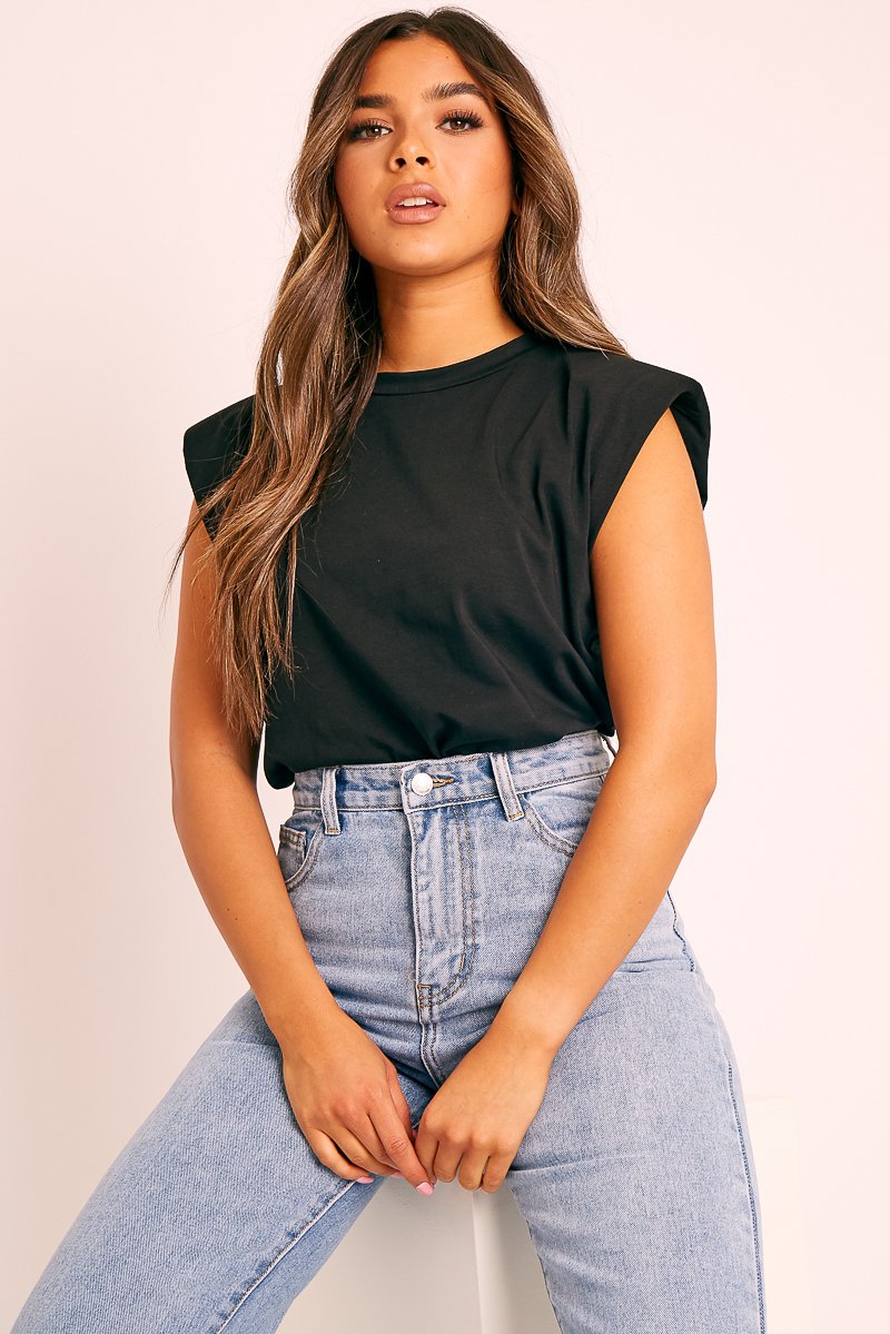 Black Shoulder Pad Oversized T-shirt - Amzie-T-shirt