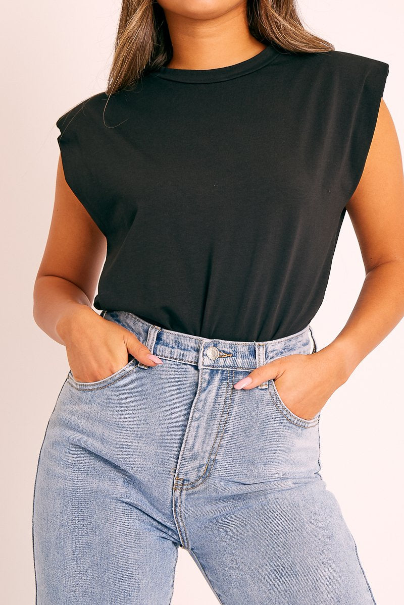 Black Shoulder Pad Oversized T-shirt - Amzie-T-shirt