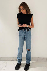 Black Shoulder Pad Oversized T-shirt - Amzie-T-shirt