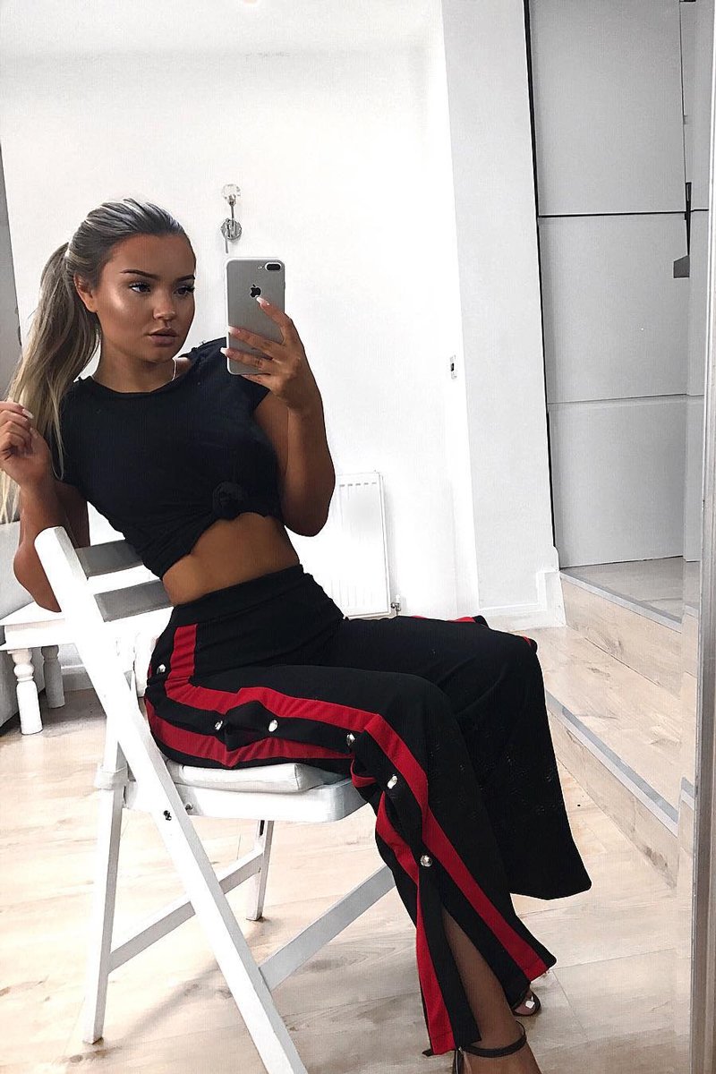 Black Side Popper Red Stripe Trousers - Sady-Trousers