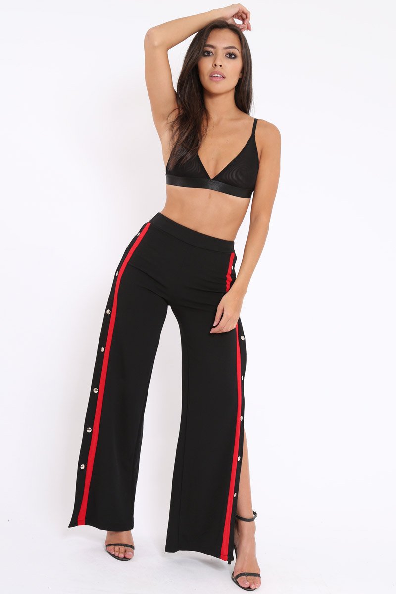 Black Side Popper Red Stripe Trousers - Sady-Trousers
