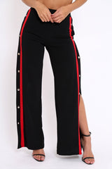 Black Side Popper Red Stripe Trousers - Sady-Trousers