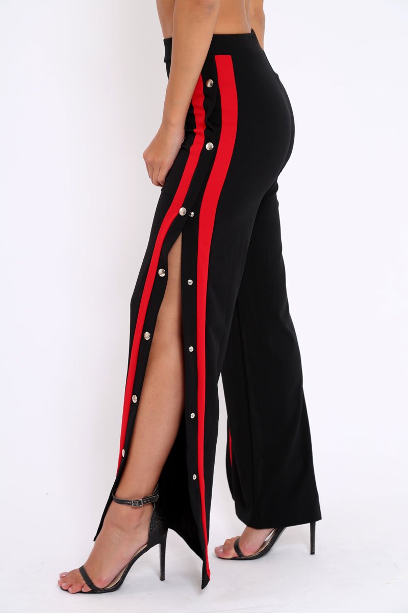 Black Side Popper Red Stripe Trousers - Sady-Trousers