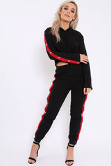 Black Side Popper Red Stripes Loungewear Set - Cadence-Loungewear