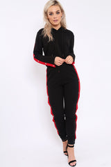 Black Side Popper Red Stripes Loungewear Set - Cadence-Loungewear