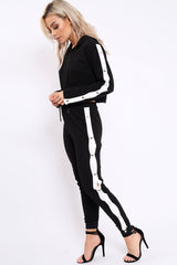 Black Side Popper White Stripes Loungewear Set - Cadence-Loungewear