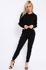 Black Side Popper White Stripes Loungewear Set - Cadence-Loungewear