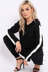 Black Side Popper White Stripes Loungewear Set - Cadence-Loungewear