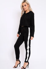 Black Side Popper White Stripes Loungewear Set - Cadence-Loungewear