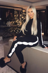 Black Side Popper White Stripes Loungewear Set - Cadence-Loungewear