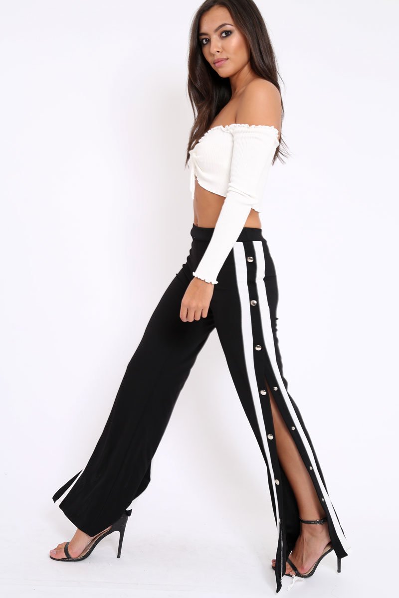 Black Side Popper White Stripes Trousers - Sady-Trousers