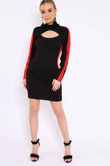 Black Side Red Striped Cut Out Dress - Layia-Dresses