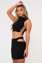 Black Side Ring Detail Ribbed Crop Top - Marisella-Crop Tops