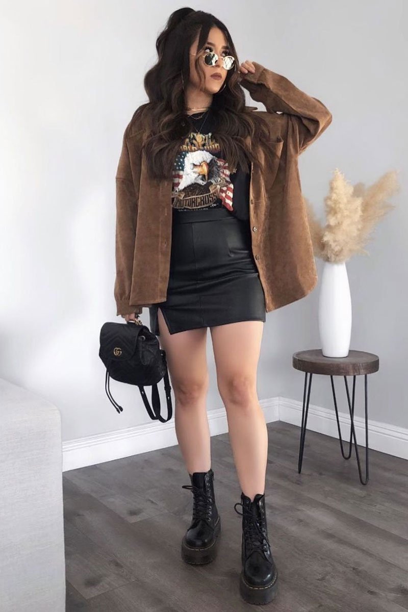 Black Side Split Faux Leather Mini Skirt - Jossy-Skirts