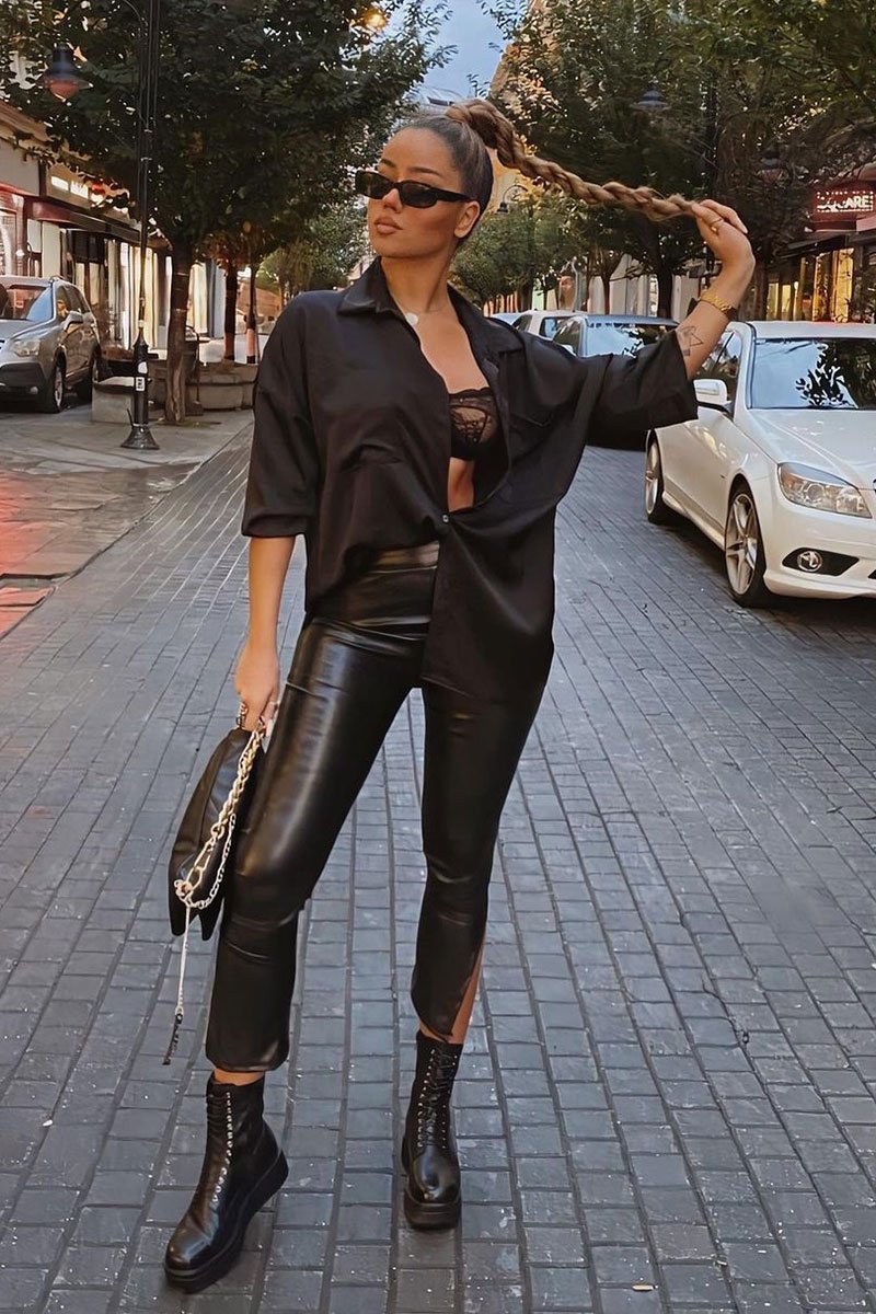 Black Side Split PU Trouser - Elouise-Trousers