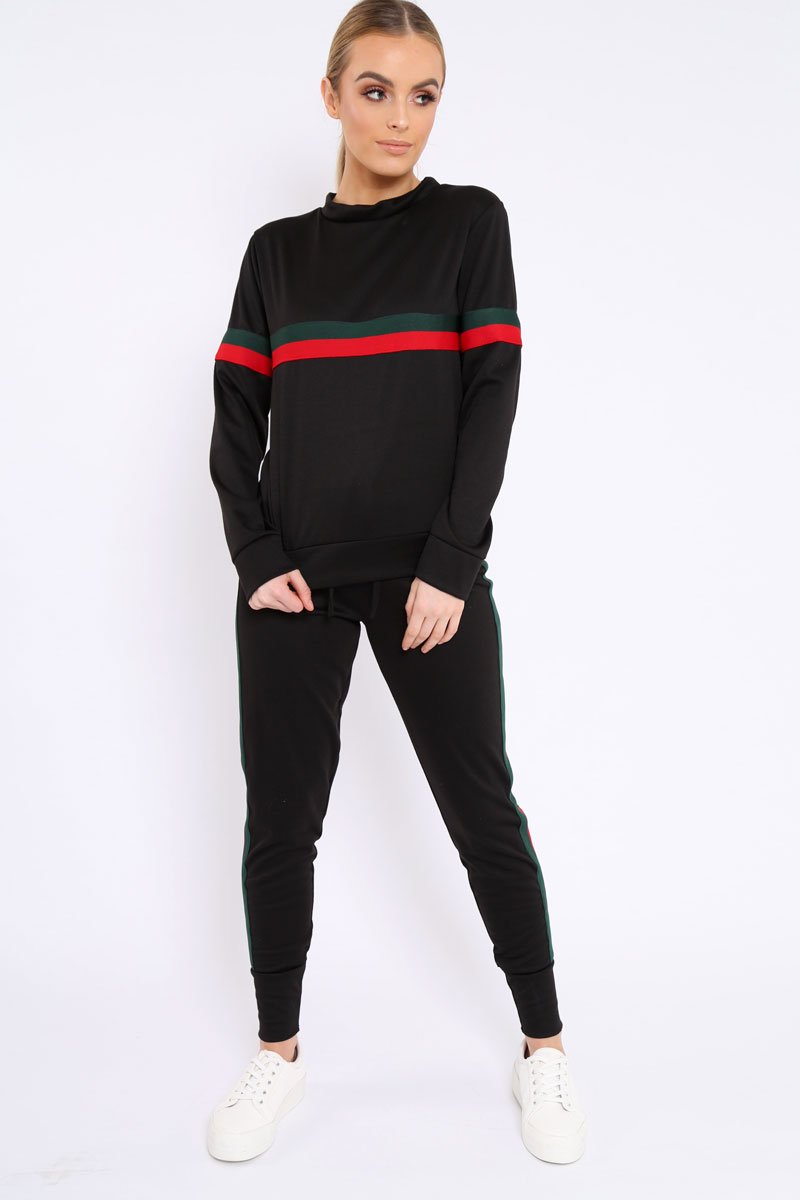 Black Side Stripe Crew Neck Loungewear Set - Danyela-Loungewear
